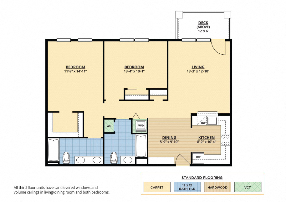 Floor plan for 2 beds, 2 baths, 1107 sqft